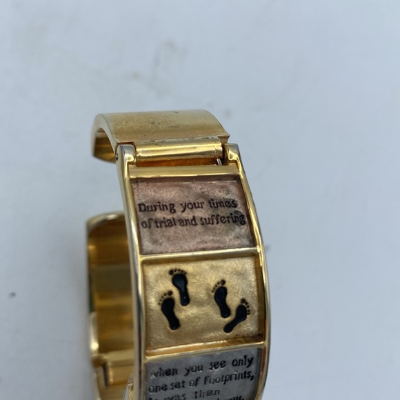Women’s Quartz goldtone Footsteps spiritual Christian cuff watch needs battery - Picture 6 of 7